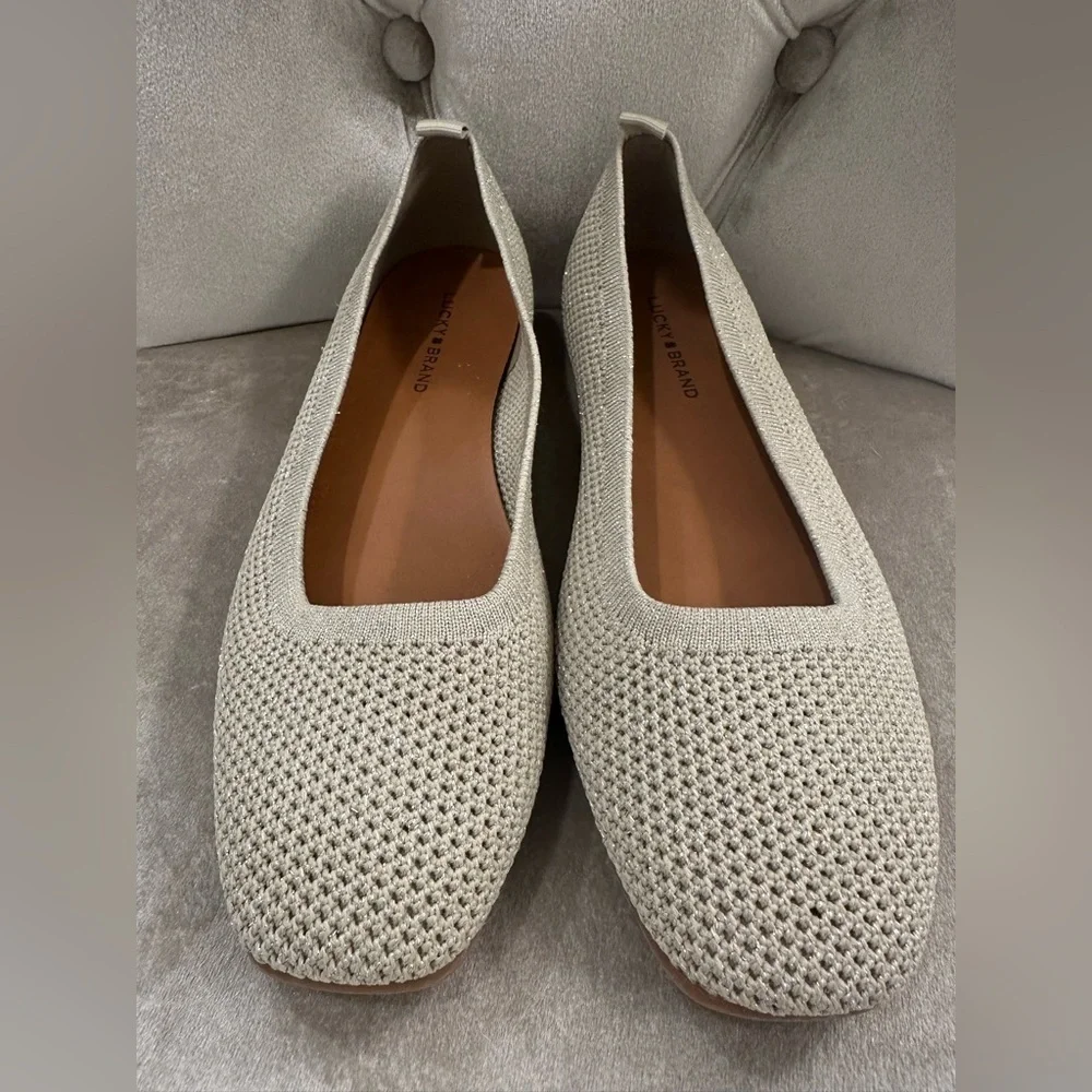 Lucky Brand Daneric Ivory Metallic Ribbed Knit Washable Ballet Flats Shoes 7.5